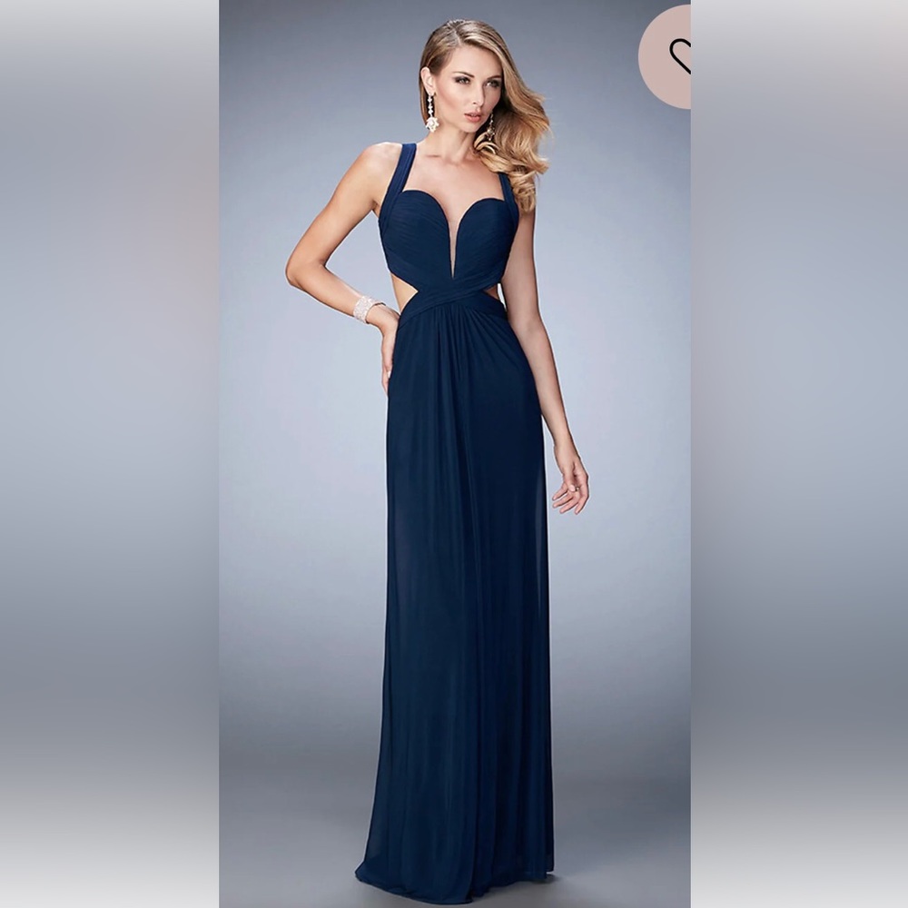 Open Back La Femme Formal Navy Dress - Size 2